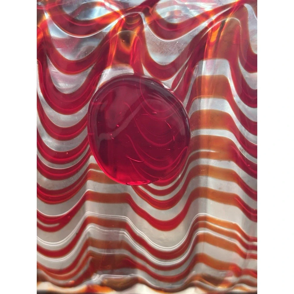 Vintage Pier 1 Hand Blown Art Glass Purse Vase Red Orange White Swirl Handbag